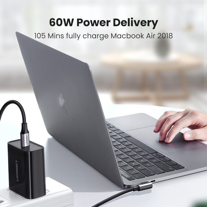 Cáp UGREEN 60W USB C sang USB C Cáp sạc nhanh USB C góc phải Tương thích với MacBook Pro Air, iPad Pro Mini Air Samsung S23 S22 Xiaomi 11t 12t Switch Model:50123