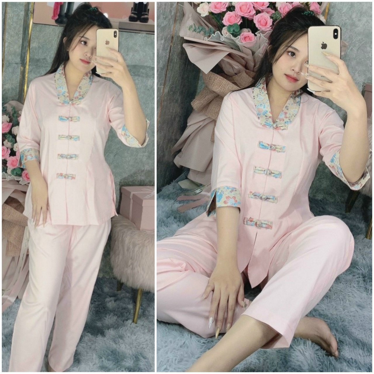 Đồ Lam Đi Chùa # Bộ viền hoa lụa Hàn 2# Quần Áo Nữ Cao Cấp
