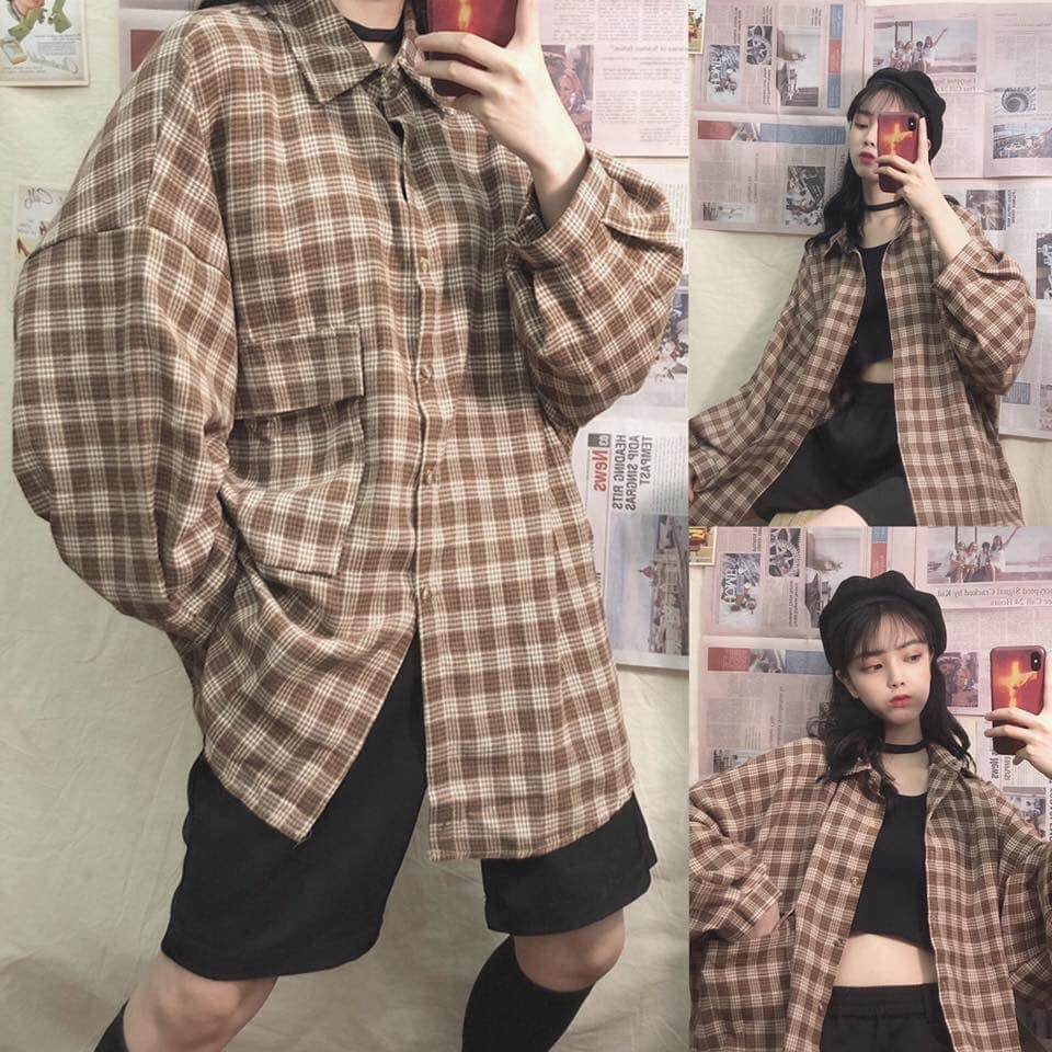 Áo sơ mi kẻ caro uzzang form rộng ( áo sơ mi oversize nam nữ dài tay)