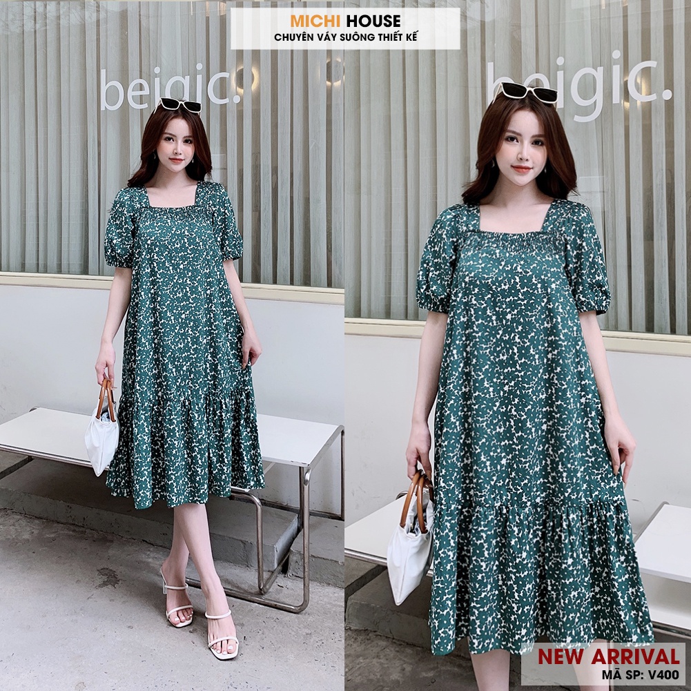 Váy hoa nhí michi house váy hoa nhí dáng dài cổ vuông chun đầm suông dáng rộng freesize v400