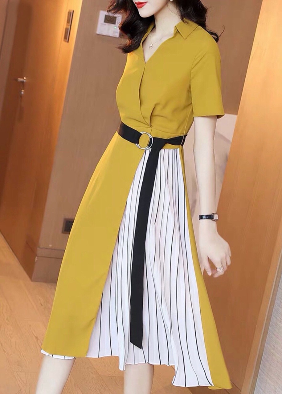 Đầm vàng phối sọc