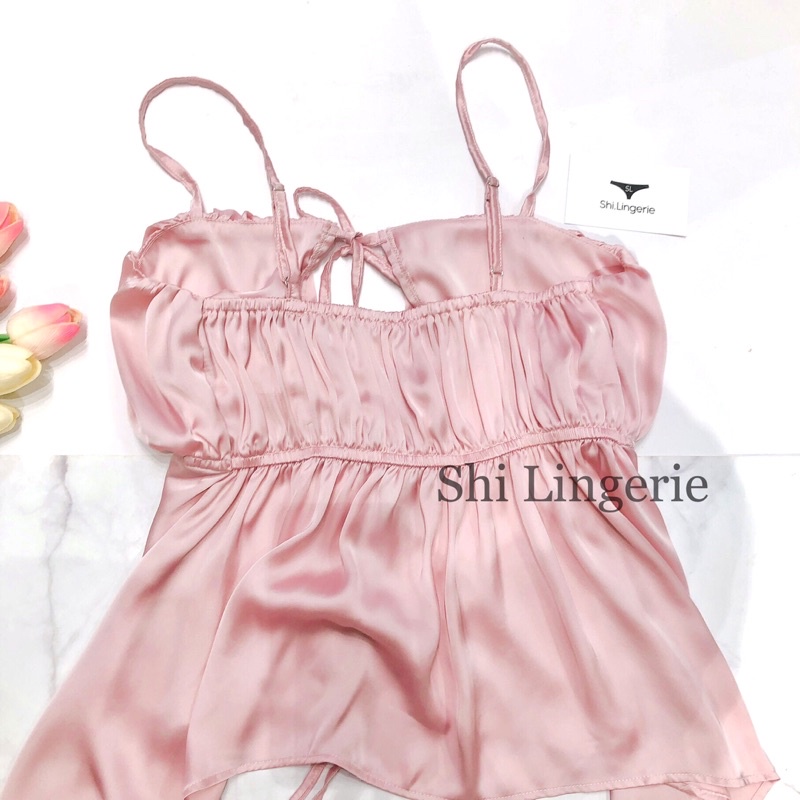 Bộ ngủ lụa cột dây vạt xéo [Shi.Lingerie]