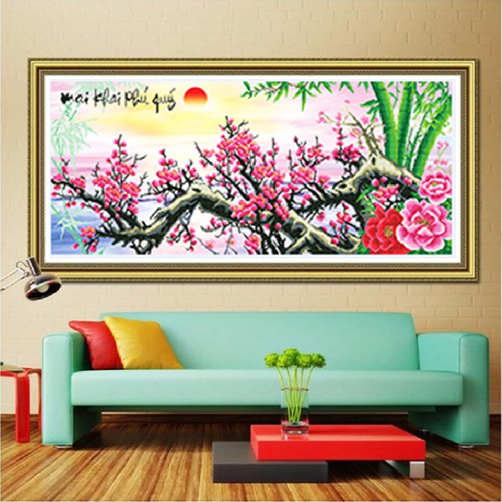 Tranh đính đá mai khai phú quý kt 125*58cm