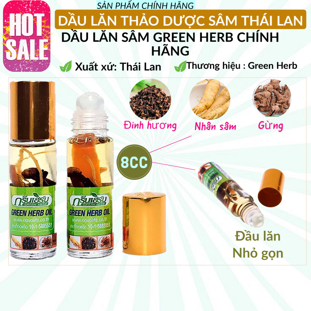 Dầu Lăn Sâm Green Herb Thái Lan 8ml-Hàng Nội Địa Thái Lan 100%