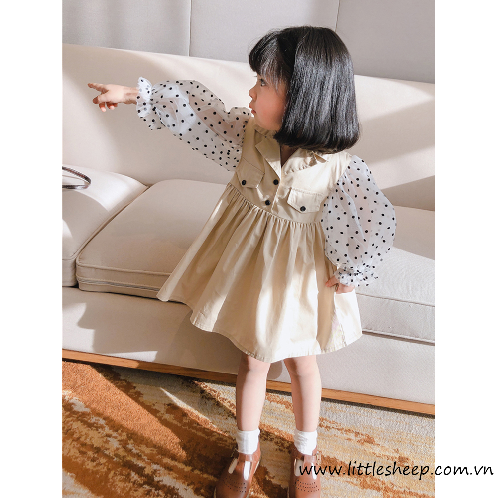 Đầm xếp ly thanh lịch chấm bi tay áo lưới phồng
