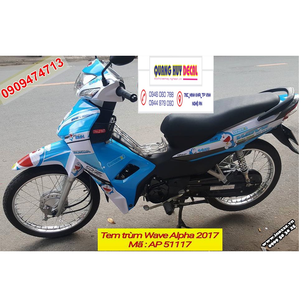 Tem trùm wave doremon xanh trắng alpha 110, team trùm wave đẹp, độ tem wave, tem dán xe máy wave, decal wave, tem trùm wave rẻ đẹp