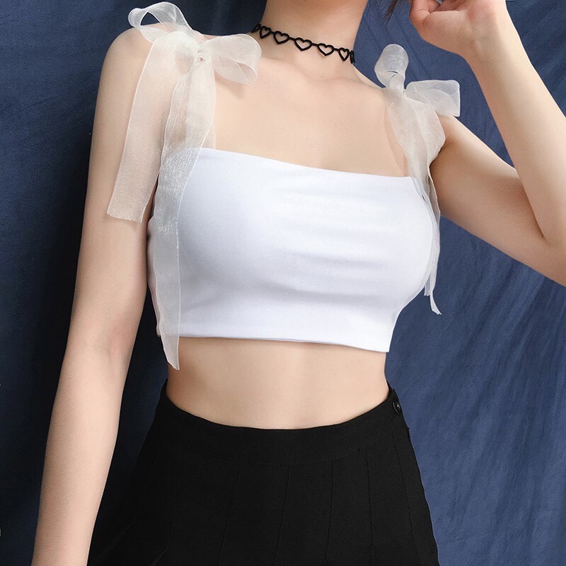 Áo 2 dây ruy băng buộc nơ vai xinh xắn dáng croptop xinh