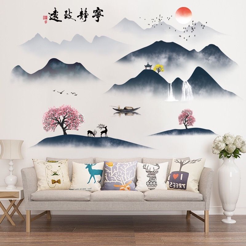 Decal dán tường cành mai và núi 02( tranh ghép)