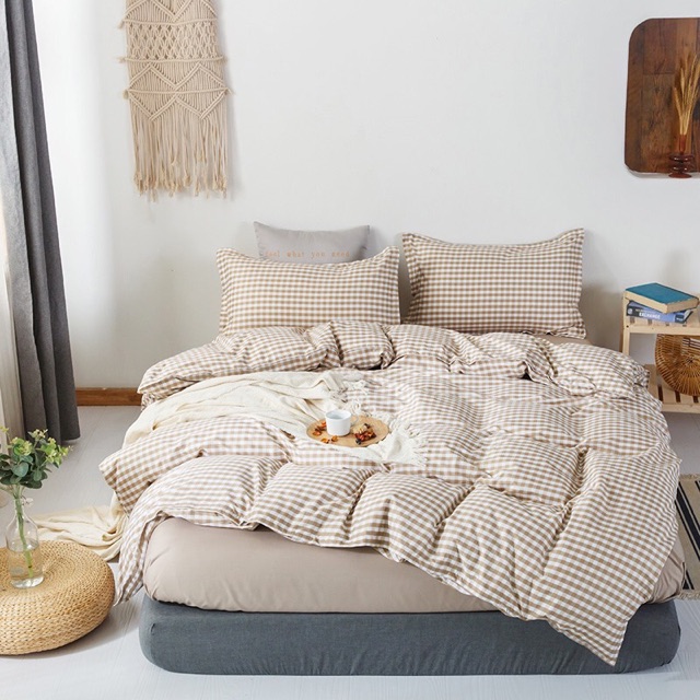 Bộ Chăn Ga Gối Cotton Poly Caro Be