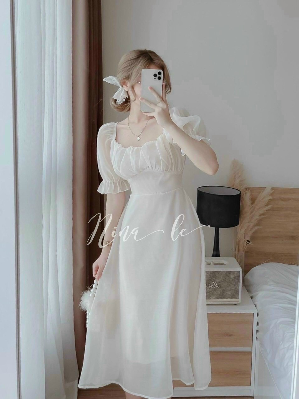 ĐẦM XÒE TRẮNG XẾP LY NGỰC CỘT NƠ EO DD040