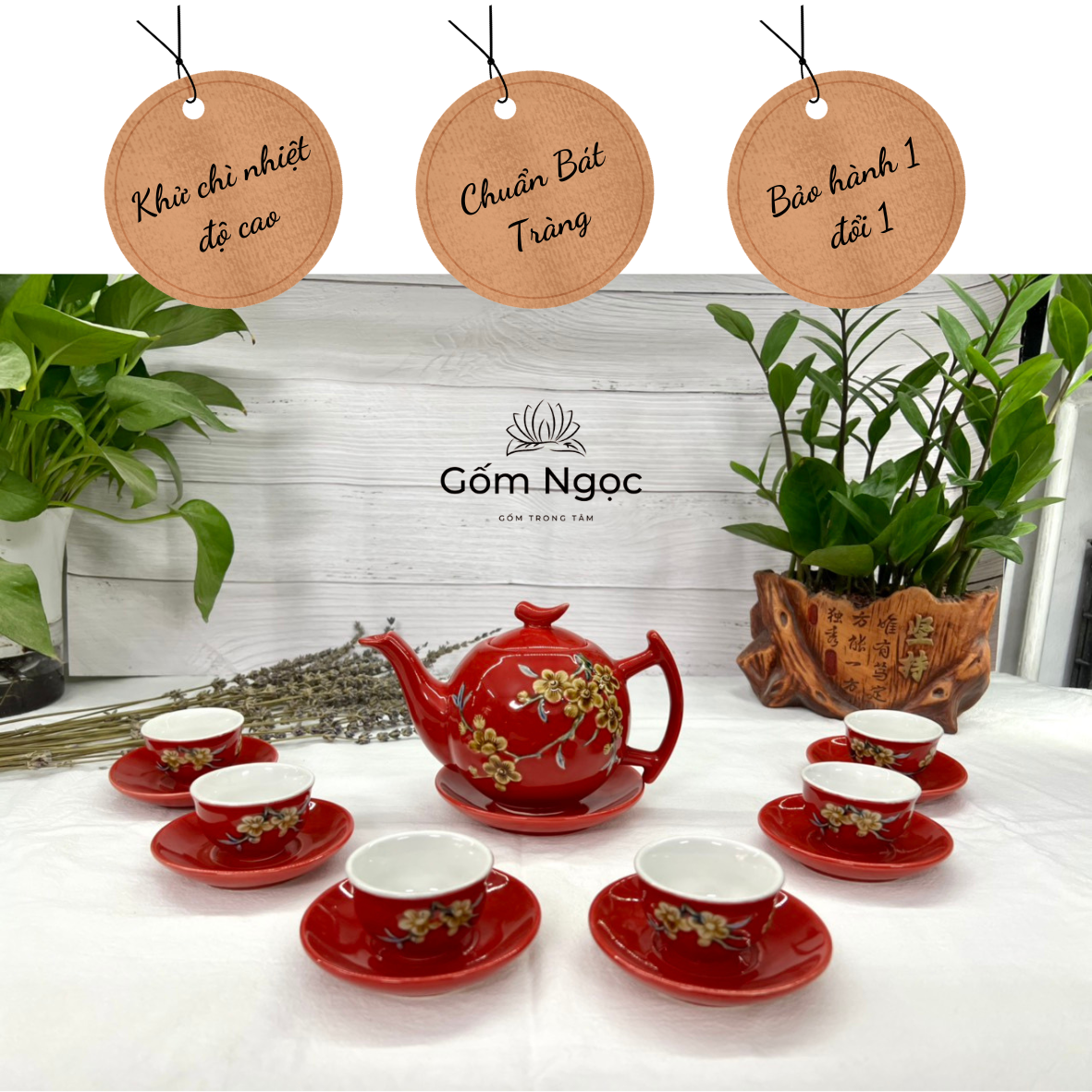 Ấm chén ấm tách  pha trà hoa đào Bát Tràng gốm cao cấp.