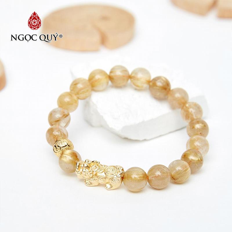 [HCM]Vòng Tay Đá Thạch Anh Tóc Vàng Phối Tỳ Hưu Bạc Mạ Vàng 24K 8mm đk 52mm Mệnh Kim Thủy (màu vàng) - Ngọc Qúy Gemstones