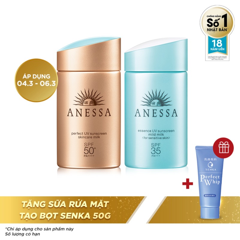 Bộ đôi kem chống nắng Anessa tiện lợi  (Perfect UV Sunscreen Skincare Milk - SPF 50+, PA++++ - 60ml + UV Sunscreen Mild Milk - SPF35, PA+++ - 60ml) nhập khẩu