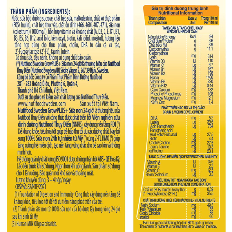 (HSD T11-2026) COMBO 2 Thùng 96 Hộp Sữa Pha Sẵn Nutifood GrowPLUS 1+/ 2+ Sữa Non (Vàng) 110ml.