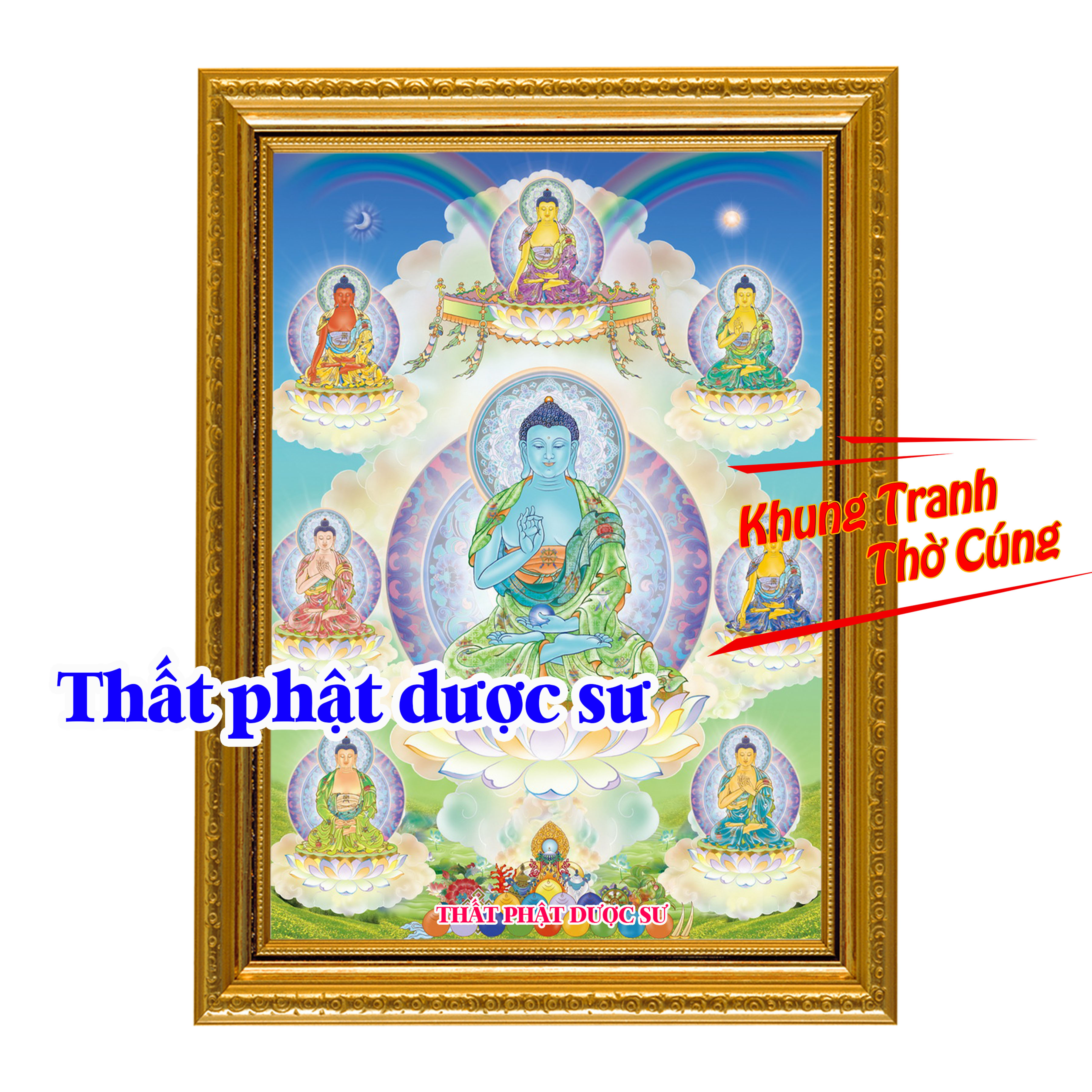 Canvas poster 7 Buddha Bodhisattva picture durable blue background + bright photo frame A3, A4, A5 size