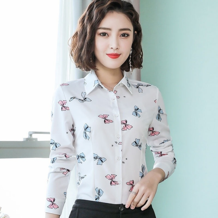 [HCM]Áo sơ mi nữ dài tay họa tiết nơ Thời trang TOP FASHION SHOP Chất vải mềm mịn Màu sắc trang nhã trẻ trung