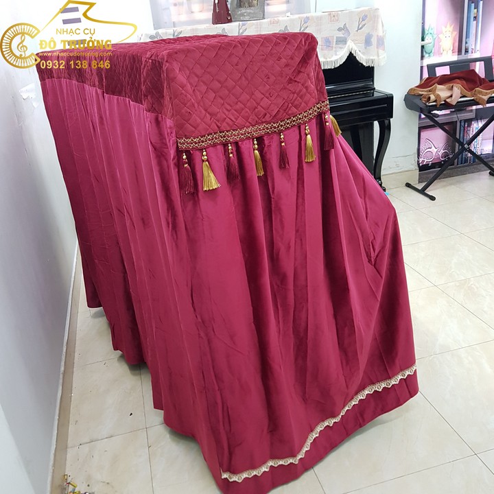 Bộ khăn phủ đàn Piano đỏ phối hạt châu vàng cao cấp