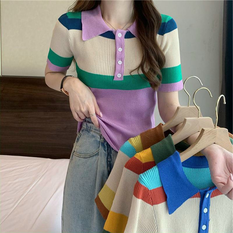 Áo len nữ,áo polo,áo len kẻ quảng châu phối màu siêu hot