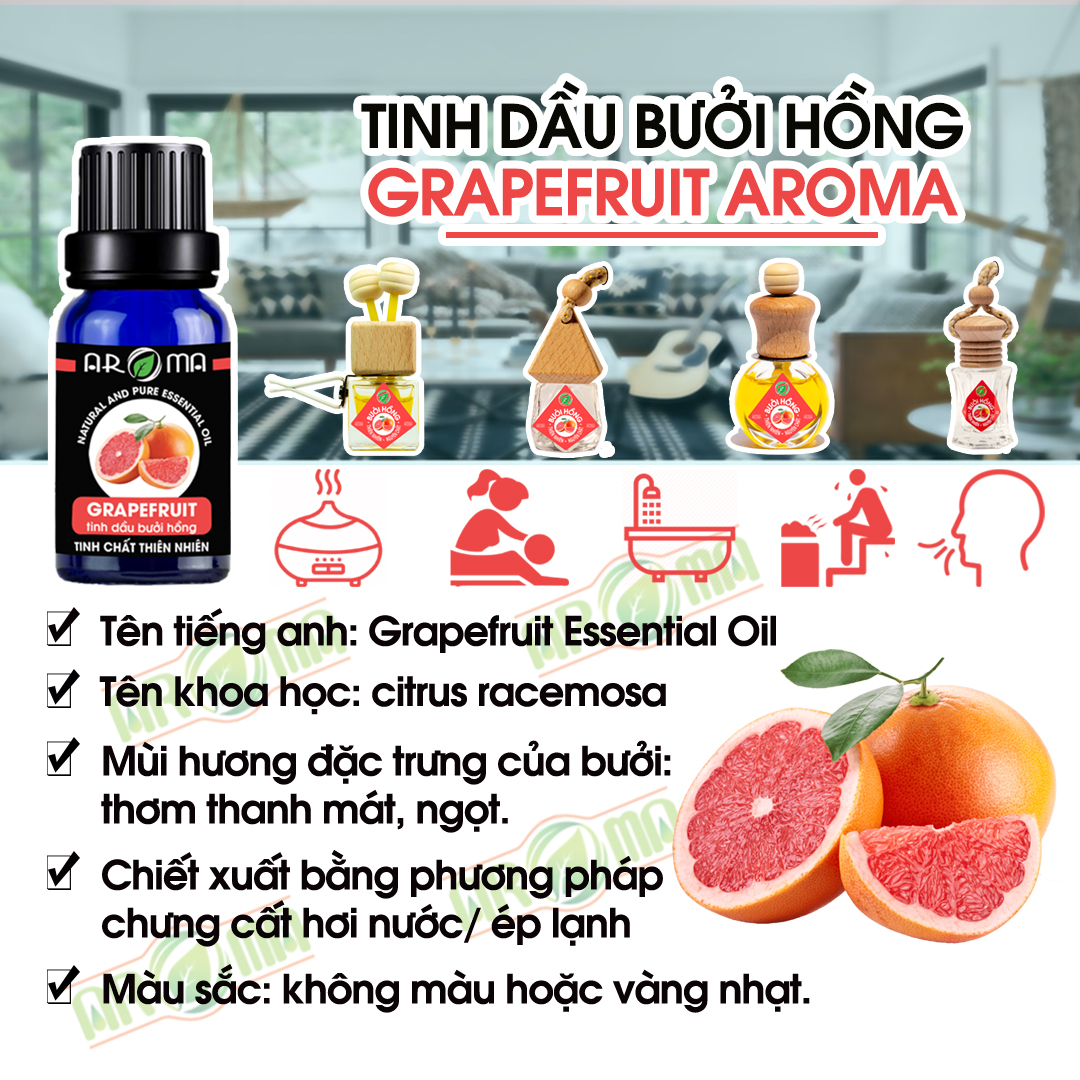 Tinh dầu Bưởi hồng AROMA Grapefruit Essential Oil, tinh dầu ướp hương thơm tóc, sạch da đầu, tinh dầu thơm phòng thư giãn