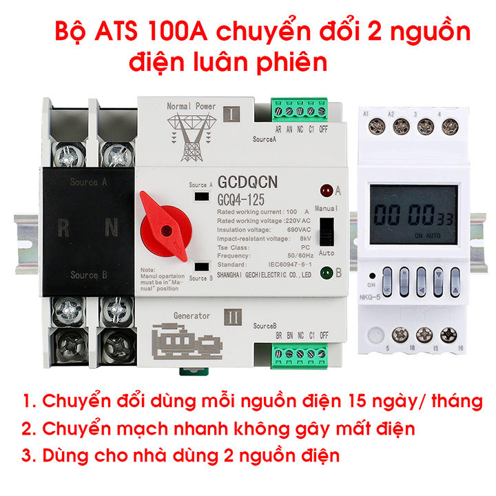 Bộ chuyển nguồn ats luân phiên 15 ngày mỗi nguồn 100A 2P GCQ4-125