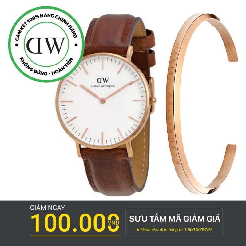 Combo đồng hồ nữ dây da Daniel Wellington Classic St Mawes 36mm, Vòng Tay Classic Cuff S - Vàng Hồng DW00100035