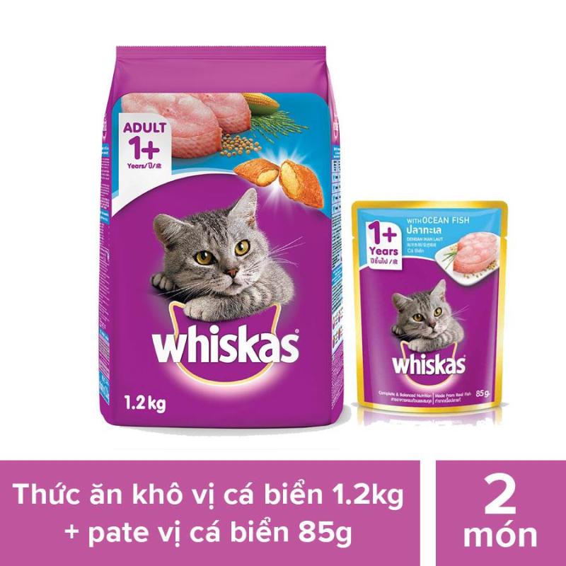 Bộ thức ăn dạng hạt dành cho mèo lớn Whiskas vị cá biển 1.2kg + Pate cho mèo lớn vị cá biển 85g