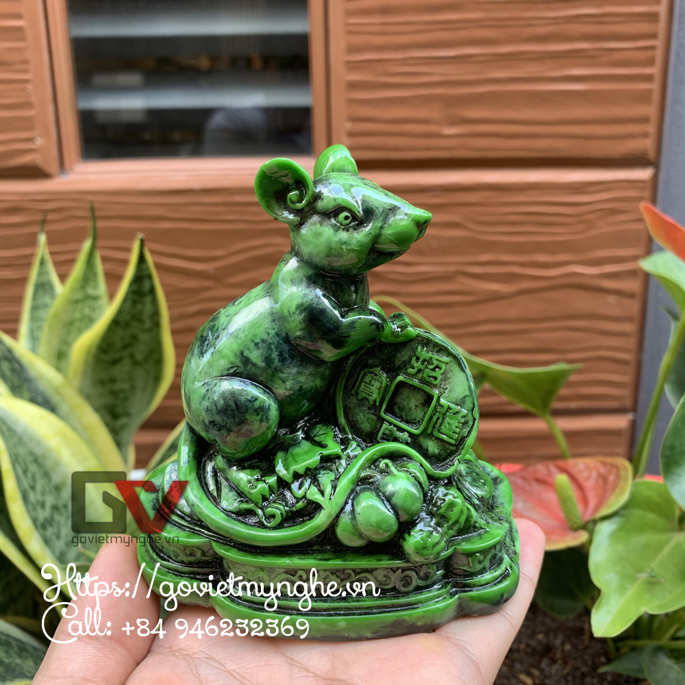 [HCM]Tượng đá Chuột để bàn làm việc - Tượng đá trang trí Chuột phong thủy - Cao 11cm - Đá Composite - Màu Xanh Lục Bích