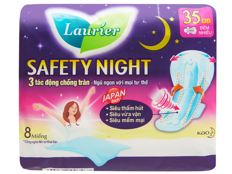 Băng vệ sinh ban đêm Laurier Safety Night siêu an toàn 8 miếng 35cm cao cấp