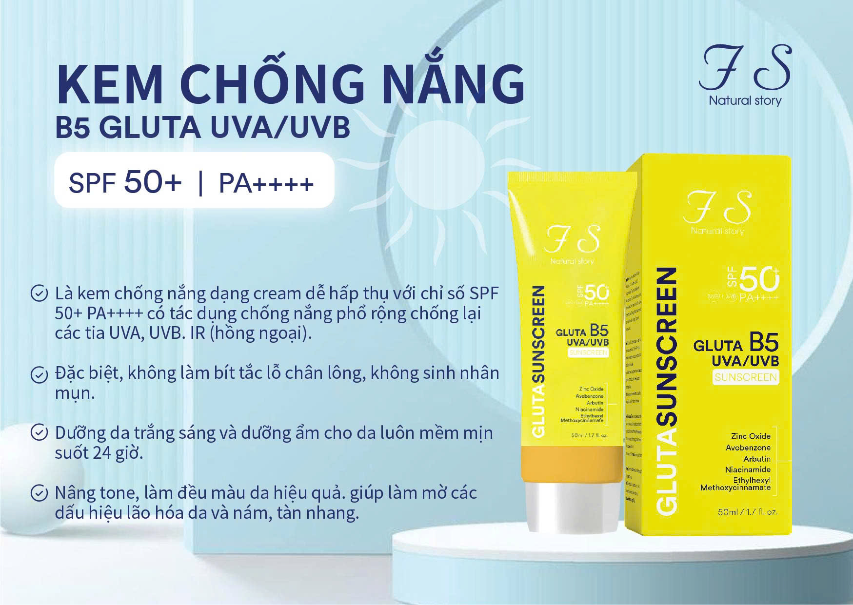 Kem chống nắng ức chế Nám B5 Glutathione SPF 75, PA+++ 50ml
