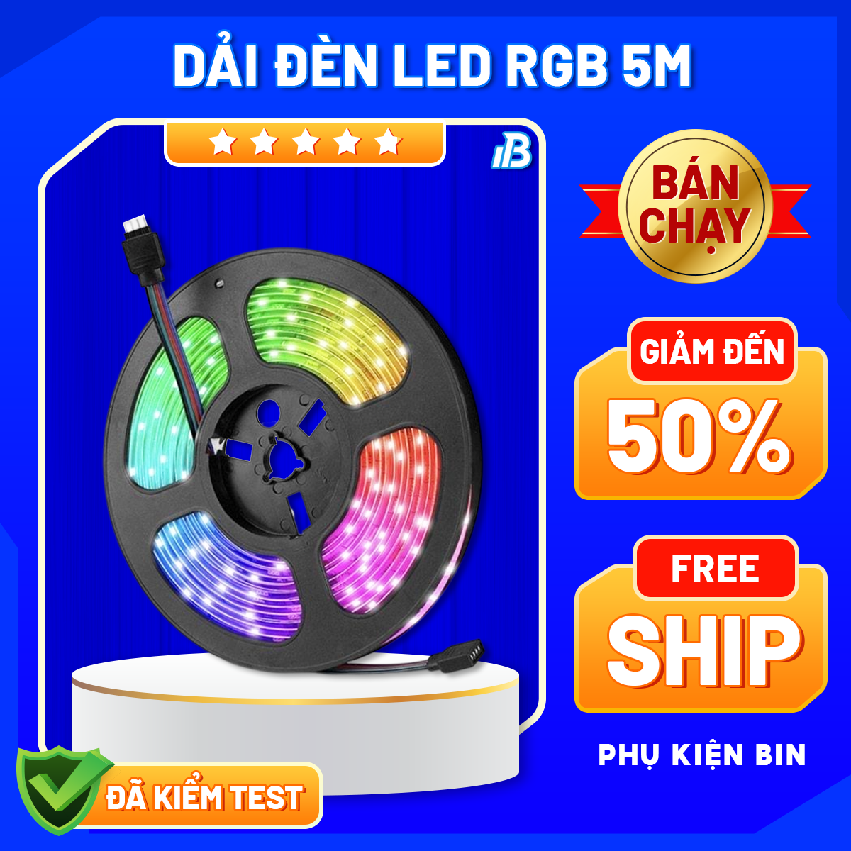 Dải đèn Led RGB dây dán 5m đổi nhiều màu qua điện thoại + Nguồn + Remote điều khiển, Đèn ngủ Giáng Sinh, Cuộn đèn Led dây dán 5m