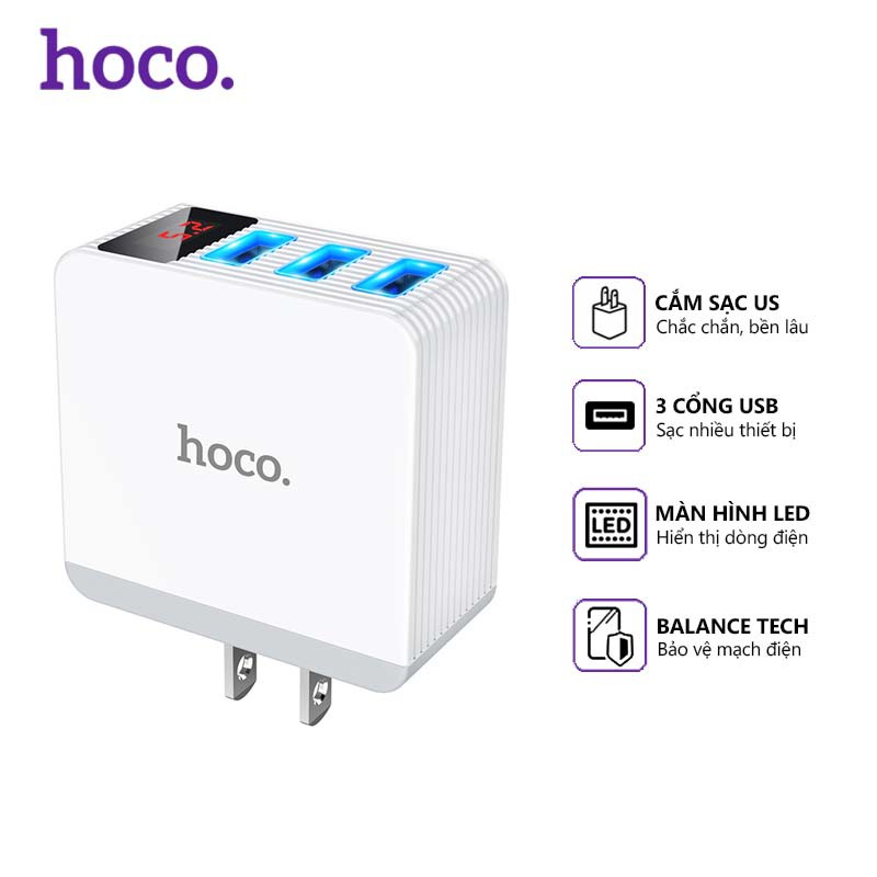 Cóc sạc nhanh 3 cổng USB 5A Hoco C22B Max