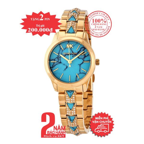 Đồng hồ nữ MK Petite Runway Mercer MK6673 - Vỏ, dây màu Vàng (Gold), mặt màu lam (turquoise), dây đính đá pha lê Swarovski, size 28mm