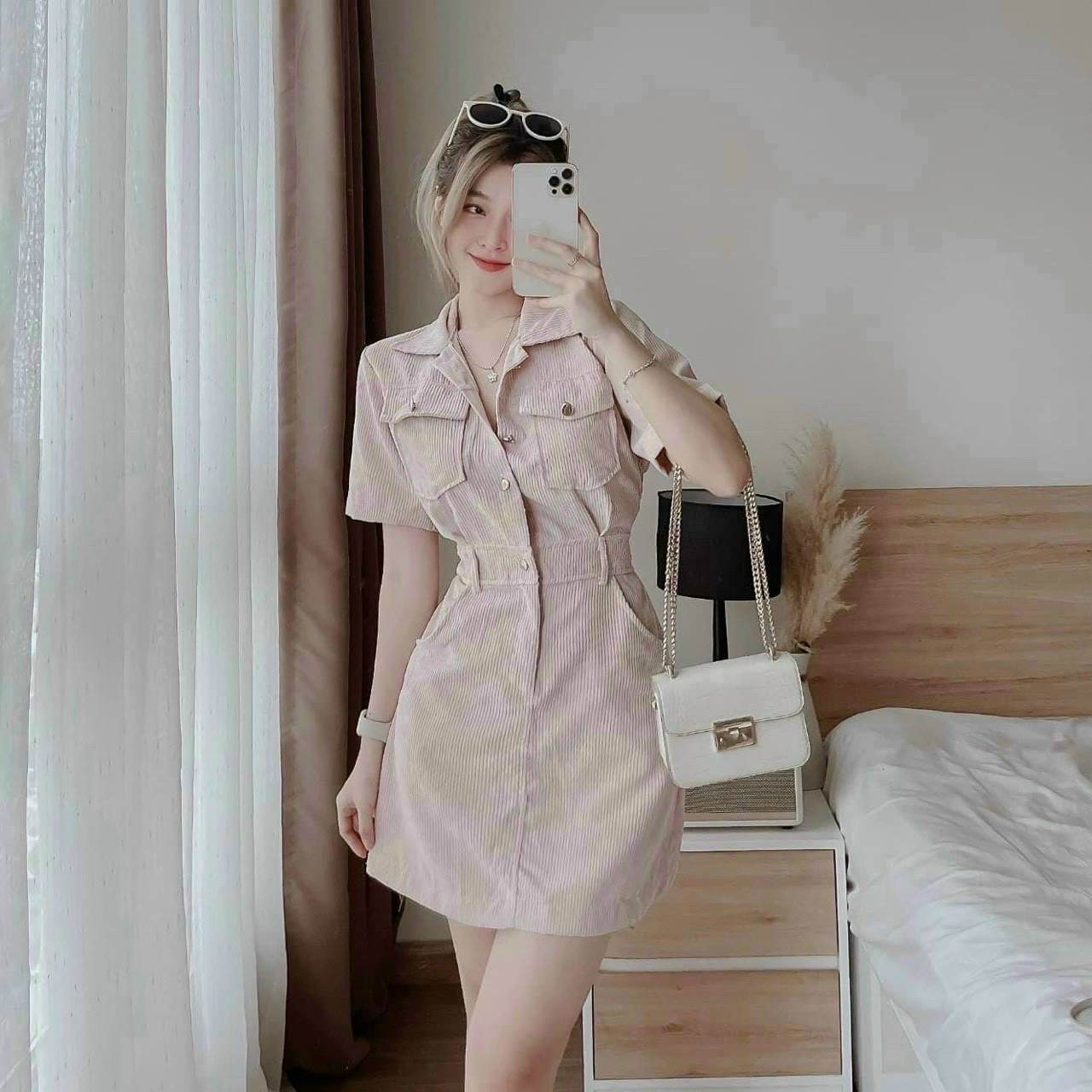 Đầm Nữ phối nút thắt eo cổ sơ mi sang trọng quý phái HARI
