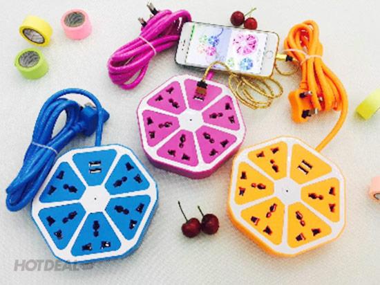 Ổ cắm điện hình lục giác có khe cắm USB, Ổ cắm điện usb đa năng lục giác hình quả cam xanh