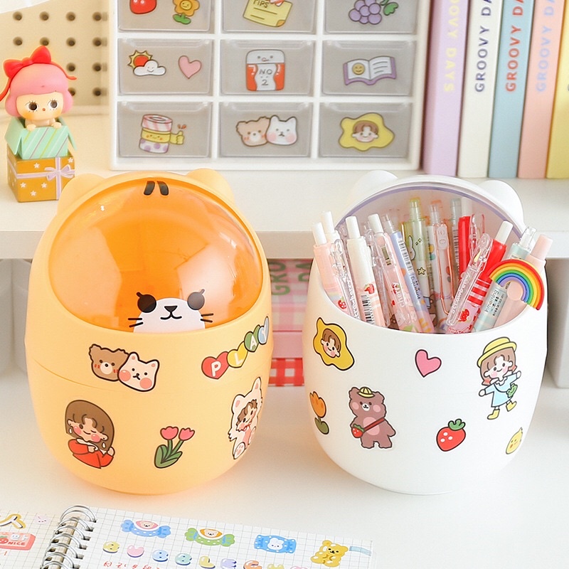 Thùng Rác Mini Hình Gấu Có Nắp Kiêm Hộp Đựng Bút Và Đồ Cá Nhân Để Bàn