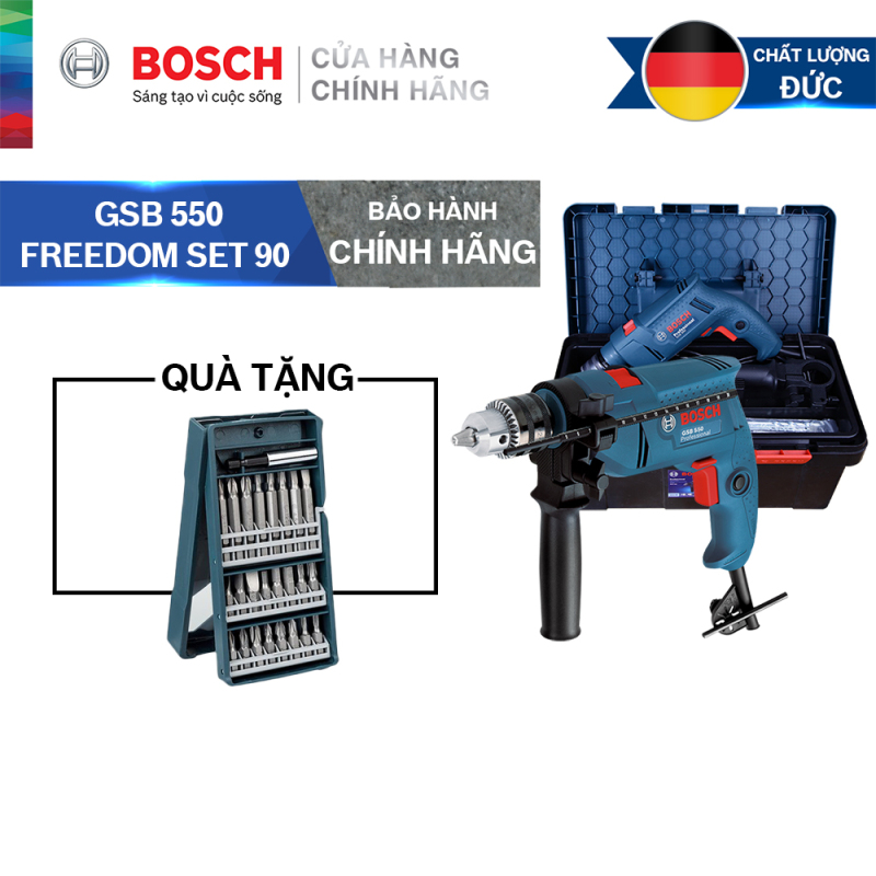 Bộ máy khoan động lực Bosch GSB 550 FREEDOM SET 90 chi tiết + Bộ mũi vặn vít Bosch 25 món (xanh dương)