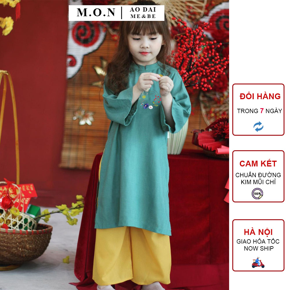 Áo Dài Lụa Cho Bé Gái Mát Lịm Thêu Hoa Điệp Phi 2 Màu