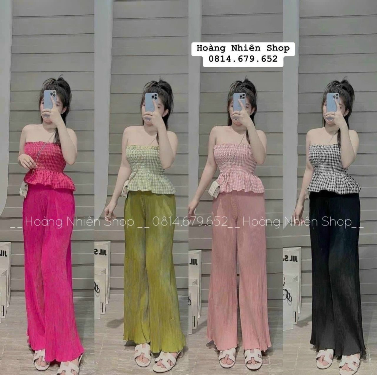 Set bộ đồ nữ áo hai dây nhún caro mix quần dài ống rộng dập ly, Set bộ đồ nữ áo hai dây nhún viền bèo mix quần dài ống rộng dập ly