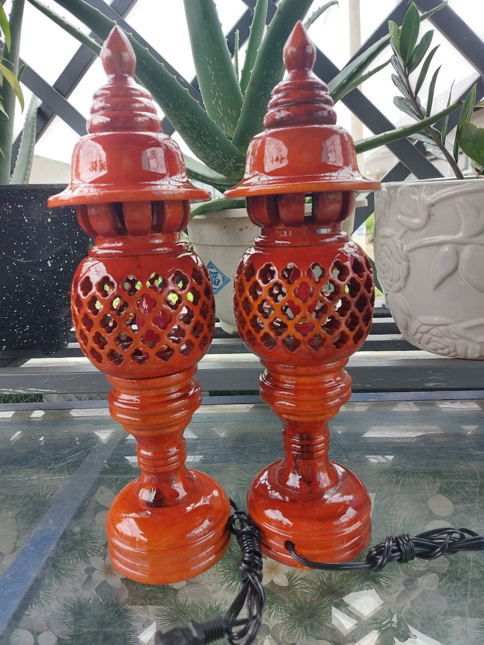 Cặp đèn thờ gỗ xà cừ-Đèn cúng bàn thờ cao 23cm