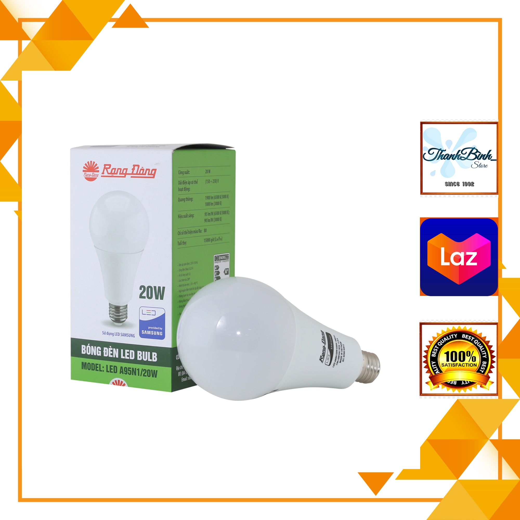 Bóng đèn led bulb tròn 20w rạng đông- ánh sáng trắng/ vàng
