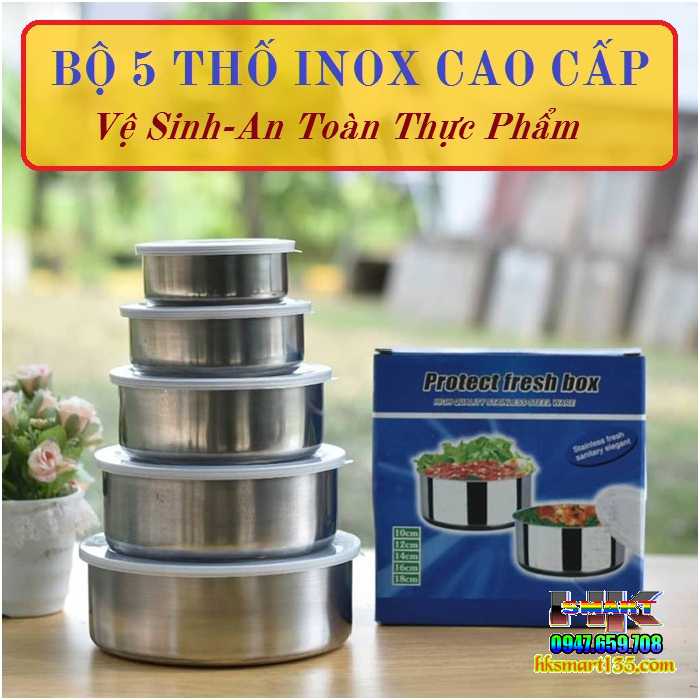 Bộ 5 thố inox có nắp đậy - Bộ thố inox lạnh - Bộ 5 hộp inox