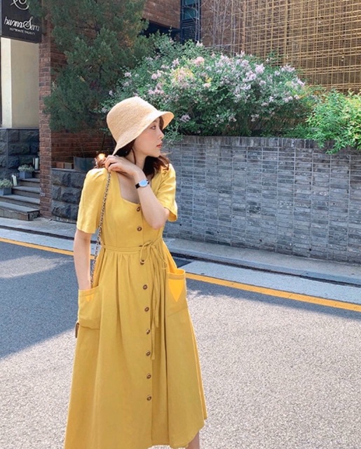 Đầm suông nút trước 2 màu