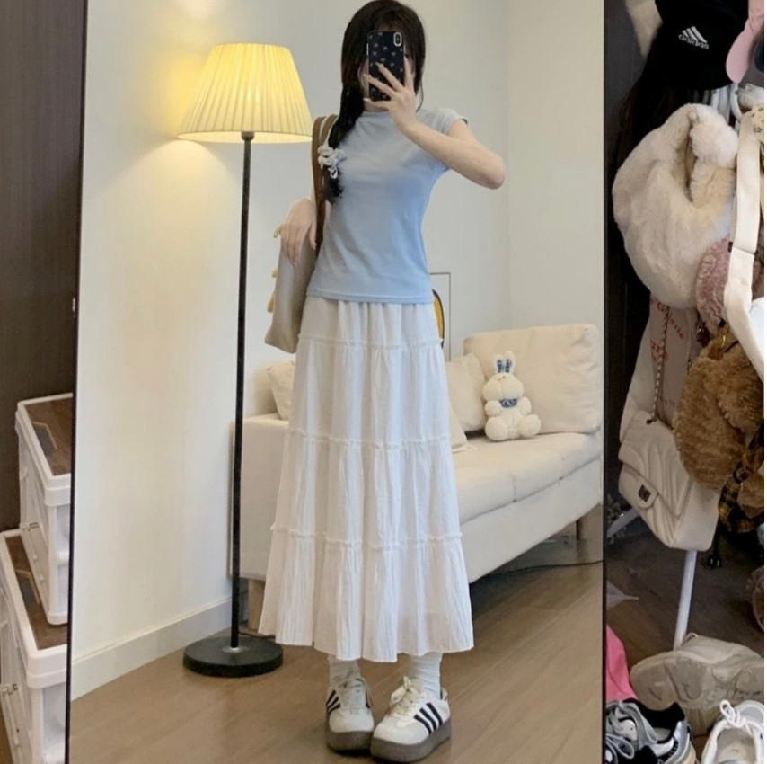 Chân Váy Midi 2 màu đen trắng mặc đi biển Chất Voan Tơ Dáng Dài Thiết Kế 4 Tầng Bồng Bềnh Dành Cho Nữ