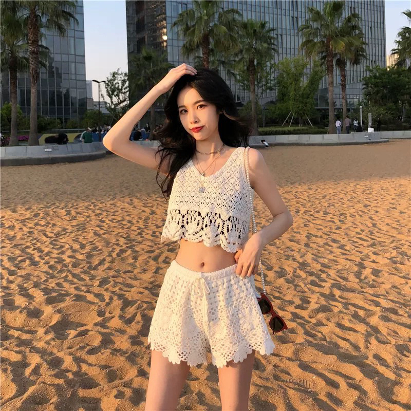 Set Ren Bikini Vintage Đi Biển Gồm 2 Món Bra Và Sooc