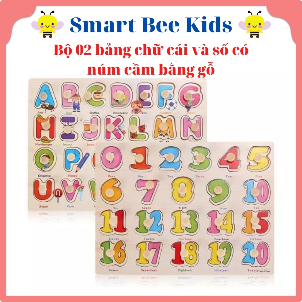 Đồ Chơi Bằng Gỗ Smart Bee Kids Bộ 02 Bảng Ghép Hình Núm Gỗ Chữ Cái Và Số