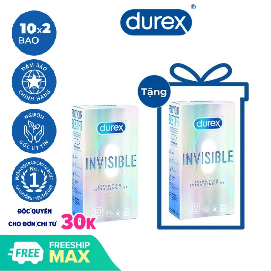 Bộ  2 Bao cao su Durex Invisible Extra Thin Extra Sensitive Hộp 10 Bao - 2 hộp 20 bao ( NEW )