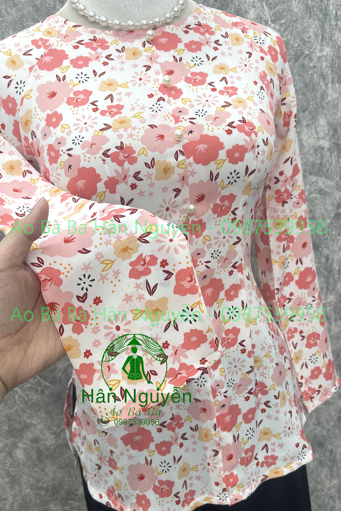 ÁO BÀ BA LỤA HOA ANH ĐÀO DÂY KÉO (ÁO LẺ)