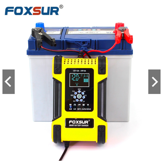 Sạc ắc quy 12V/12A- 24V/6A, 6Ah - 200Ah FOXSUR, sạc được nhiều loại ắcquy, tự ngắt khi đầy, có khử sunfat