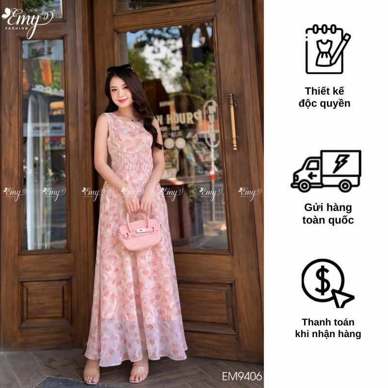 Đầm EMY EM9406 Maxi Hồng Sát Nách Ply Eo