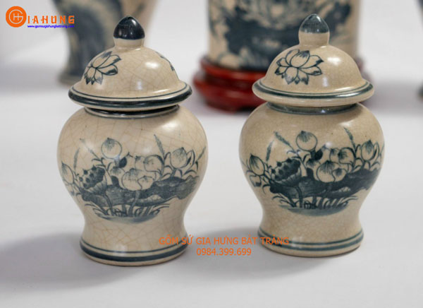 Bộ đồ thờ men rạn cổ vẽ sen gốm sứ Bát Tràng